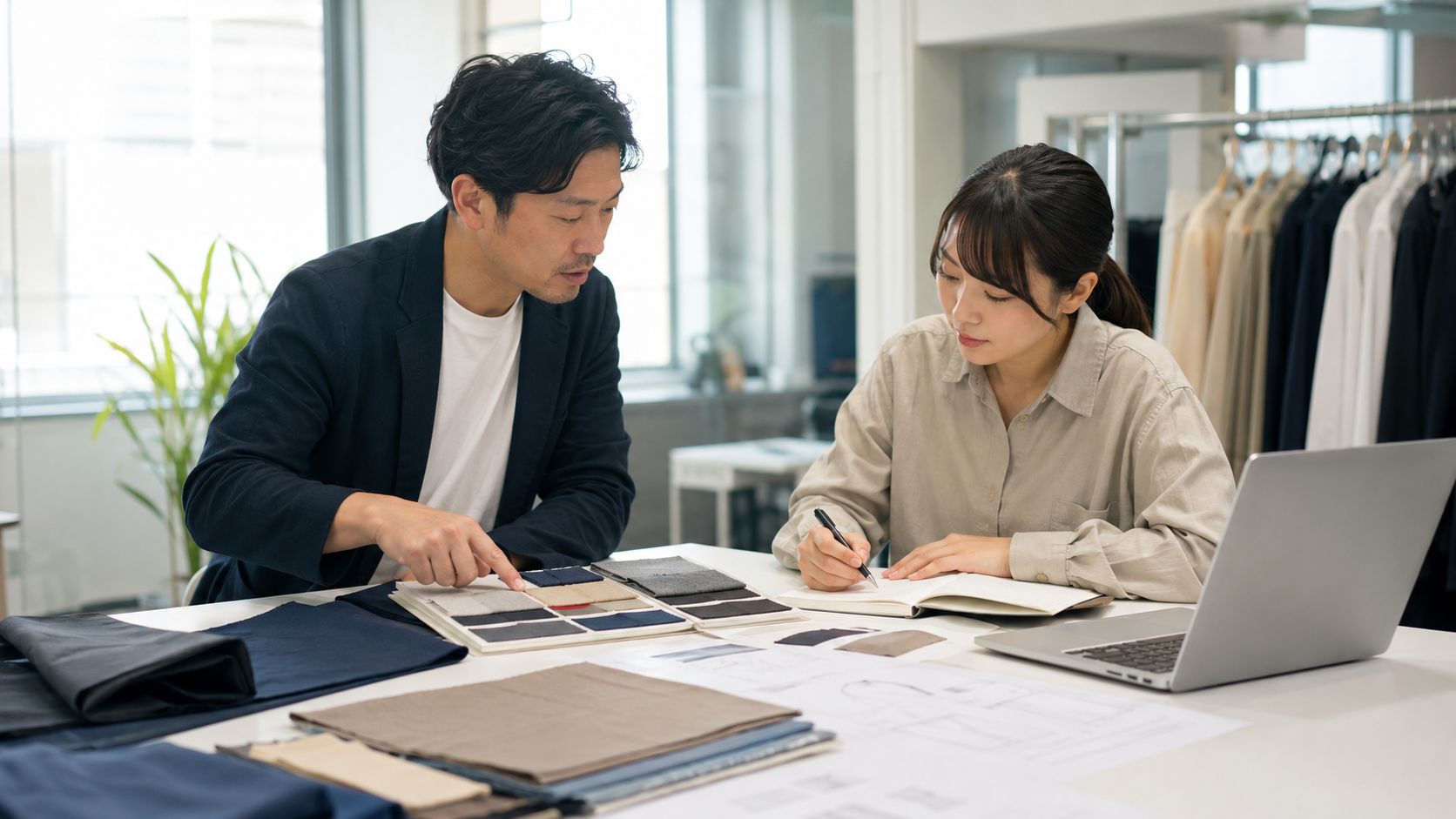 アパレルOEM会社を選ぶ発注担当者と、生地サンプルを提案する担当者