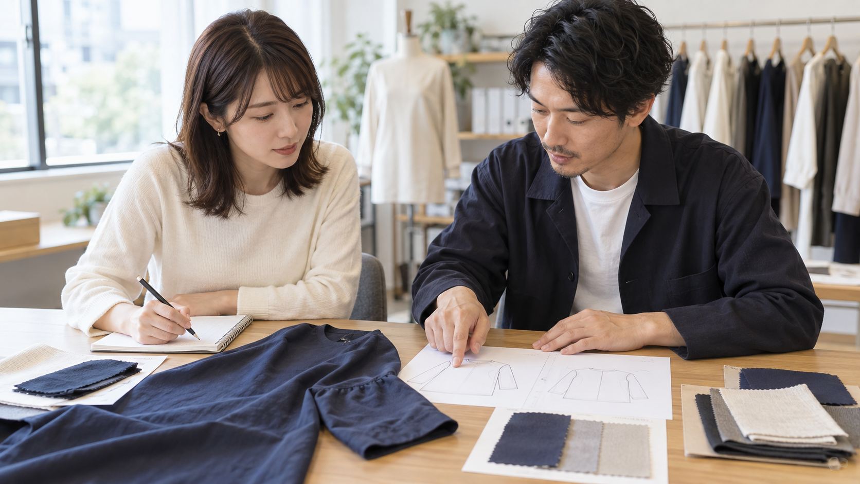 AI生成イメージ：ブランド担当者とOEM担当者が衣料サンプルと仕様図を確認する様子